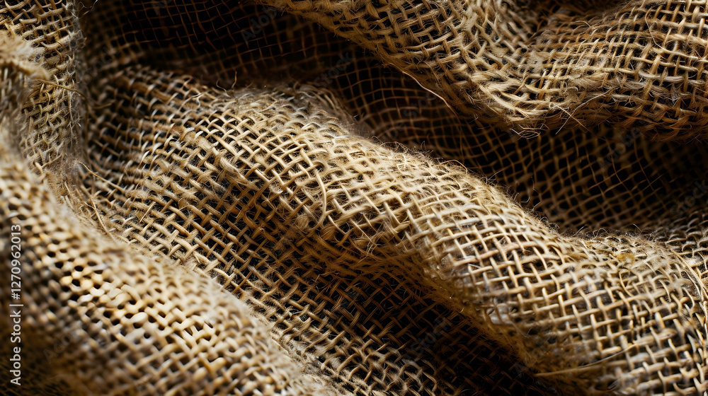 Poster close-up of textured burlap fabric showcasing intricate weave patterns and natural fibers