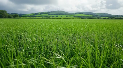 A field of fresh green grass in a rural setting, with rolling hills in the background, creating a tranquil countryside scene