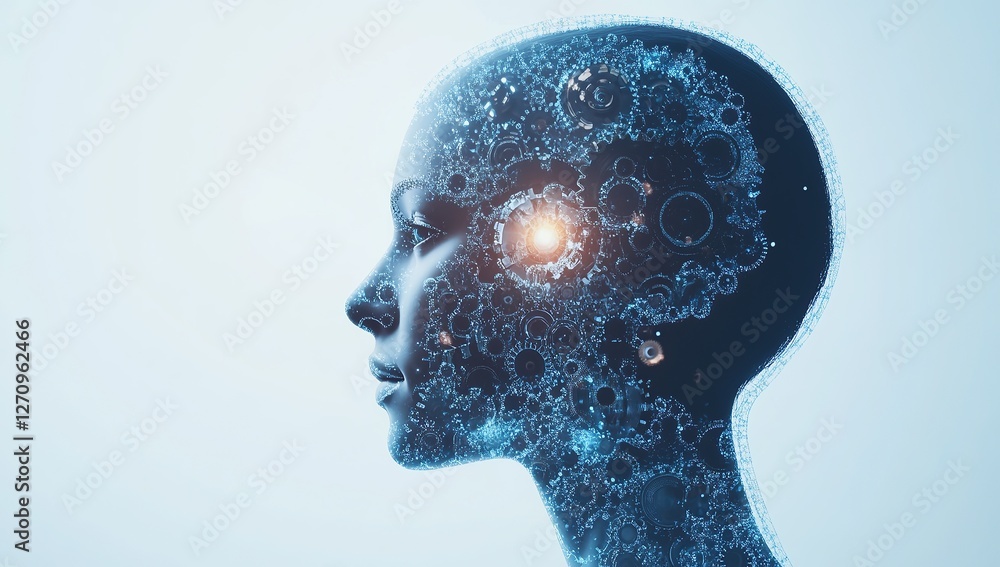Poster a profile view of the human head with gears and cogs, representing brain activity in ai learning