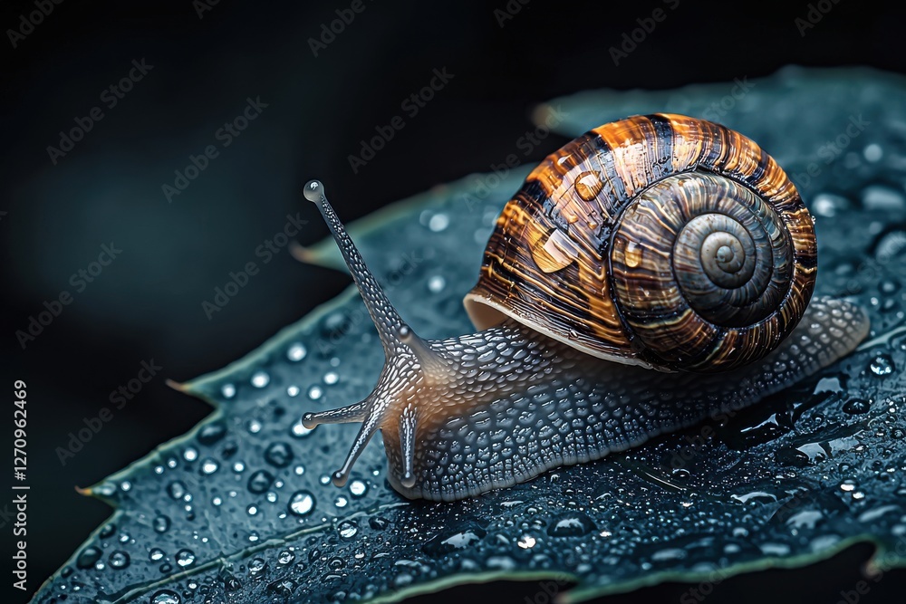 Poster a detailed macro shot of a snail on a wet leaf with water droplets, showcasing intricate textures an