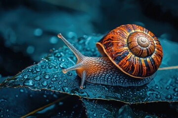 Close-up of a snail with a vibrant, patterned shell, crawling on a dewy leaf glistening with water droplets, set against a dark and moody background.