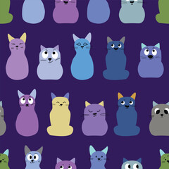 Seamless pattern with cute kitten print. Different scandy cats on color background. Scandinavian style illustration for kids. Vector illustration for fabric, textile, wallpaper, home clothing, pajama.