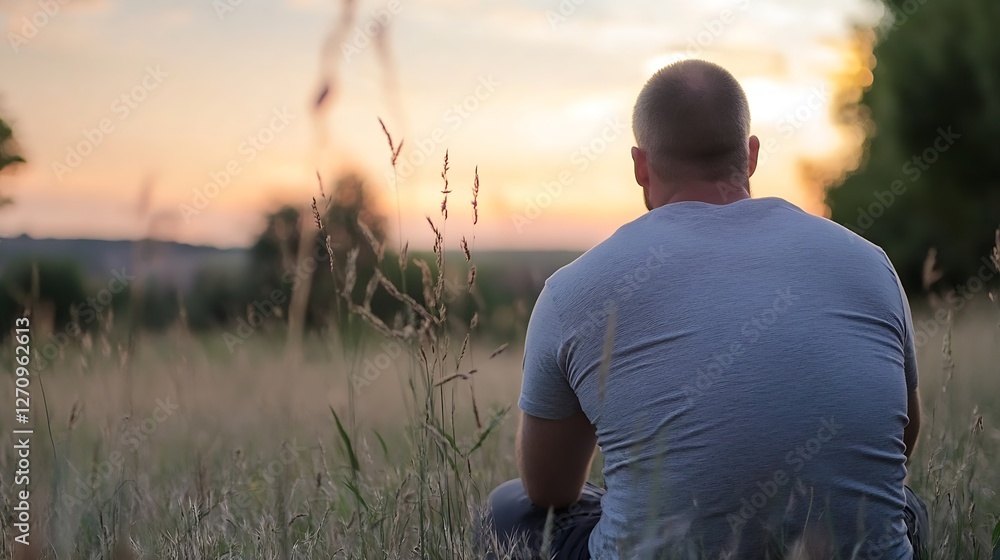 Aufkleber calm man sitting alone in a field during sunset surrounded by tall grass and a serene landscape : ge