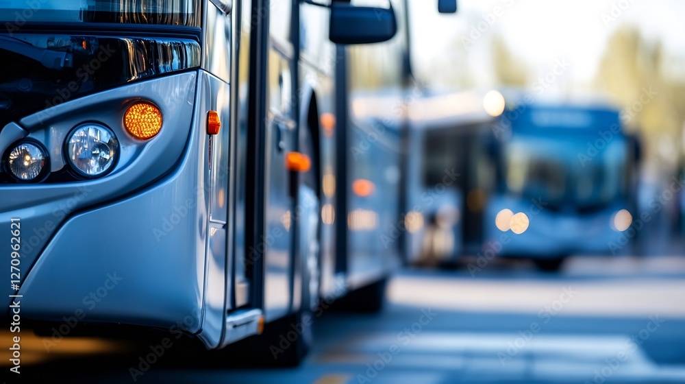Poster modern city buses in motion showcasing public transportation in a vibrant urban setting : generative