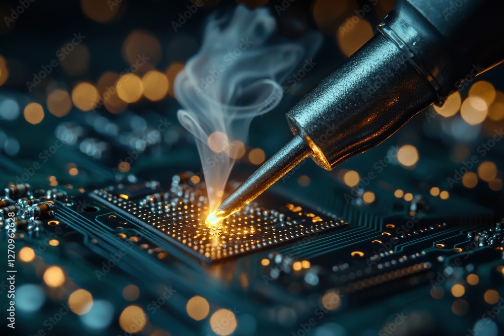 Poster a macro view showcasing a soldering iron meticulously working on a computer circuit board, smoke bil