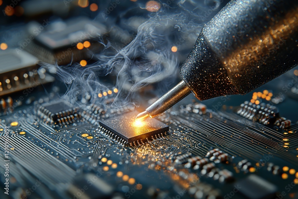 Poster a close-up shot of soldering a microchip on a complex circuit board, showcasing the precision and sk