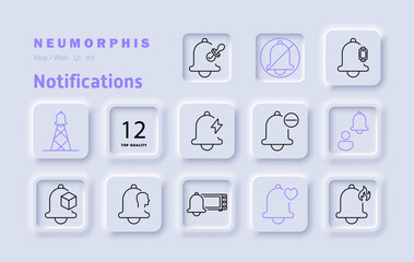 Notifications set icon. Silent mode, urgent alert, user preferences, automation, tracking, sound control, smart scheduling, personalized alerts, system warning, notification settings