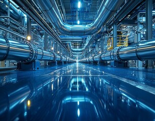 Obraz premium Steel pipelines with a blue color scheme reflecting in the industrial zone