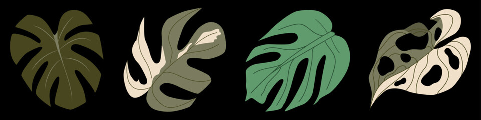 Set of colorful Monstera leaves. Tropical exotic plants in a modern botanical flat style. Vector Illustration on dark background for fashion prints, wallpapers, decorative elements