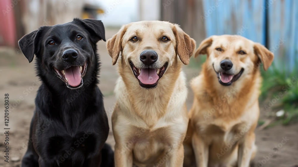 Aufkleber three cheerful dogs posing together with bright smiles against a blurred backdrop : generative ai