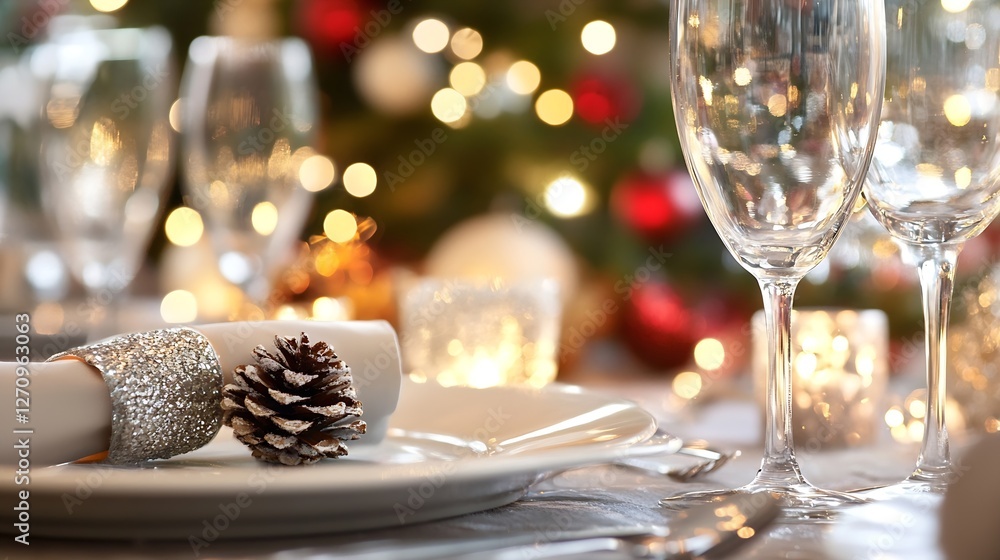 Aufkleber elegant christmas table setup with holly and sparkling glassware in warm light : generative ai