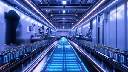 A futuristic, high-tech food factory with conveyor belts filled with metal cans under bright LED lighting.
