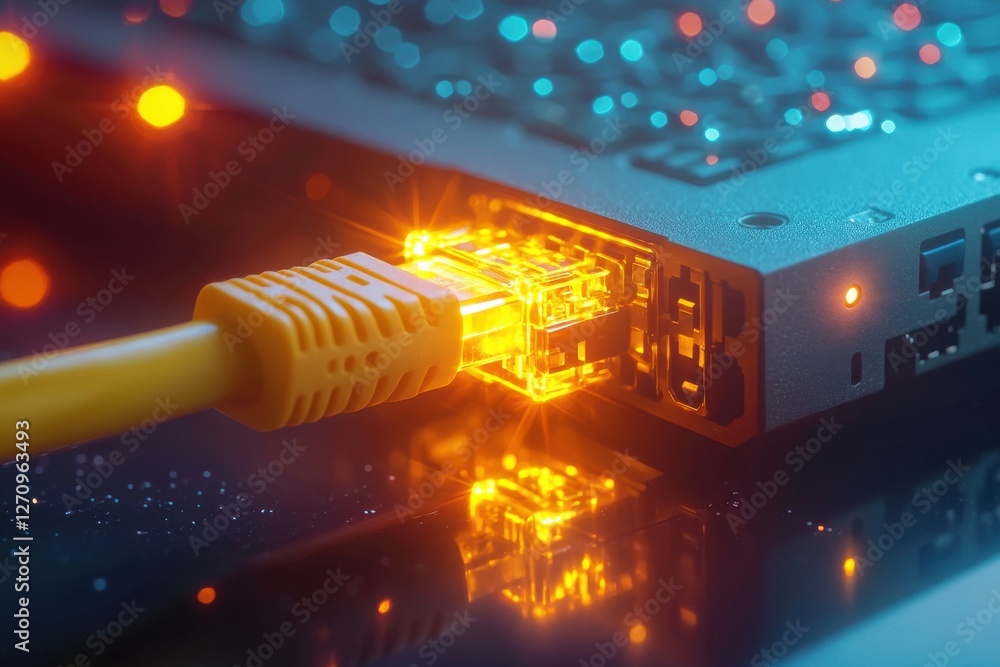 Poster a vibrant image of a yellow ethernet cable plugged into a device, illuminating the connection port w