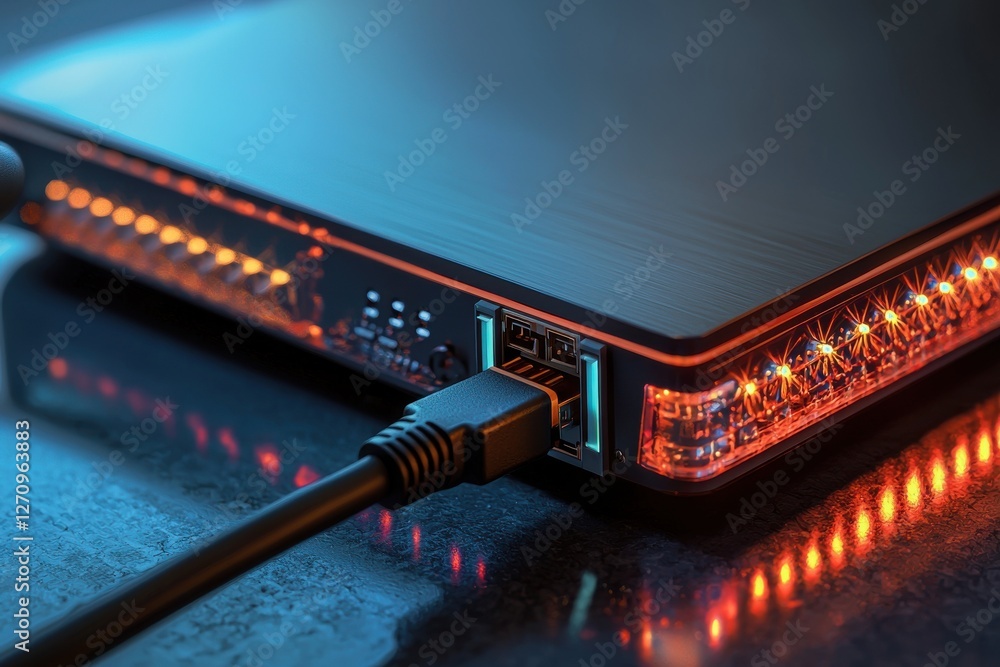 Aufkleber a close-up of a modern network switch with connected ethernet cable, featuring vibrant led indicator