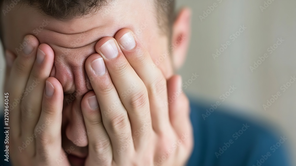 Poster intimate portrait of a man hiding his face in distress with hands placed over his eyes : generative 