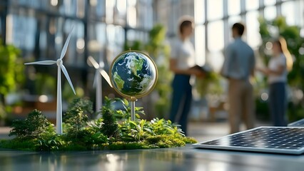 A miniature globe on a stand surrounded by plants, a wind turbine, and a solar panel, illustrating renewable energy concepts. Concept Miniature Globe Display, Renewable Energy Symbols