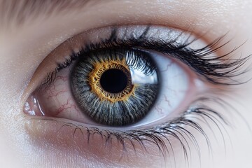 Naklejka premium A striking close-up photograph of a human eye, capturing the intricate details and captivating beauty of the iris and surrounding features in sharp focus.