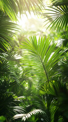 Fototapeta premium Lush green palm leaves illuminated by soft sunlight in tropical forest