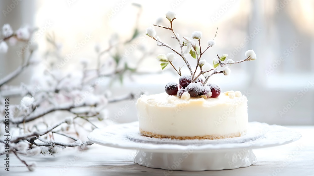 Poster delightful winter dessert featuring a cheesecake topped with berries and frosted branches in soft na