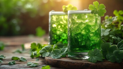 Two green cocktails celebrating saint patrick's day with shamrocks and ice