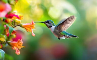 Fototapeta premium A tiny hummingbird hovering near a bright flower