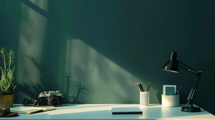 Obraz premium Serene Workspace: Sunlit Desk with Vintage Camera and Minimalist Decor