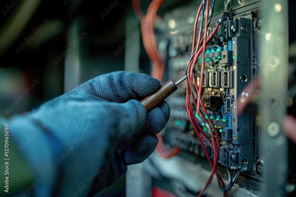 Poster close-up of a technician working on an intricate electronic panel with wires and circuits, using a p