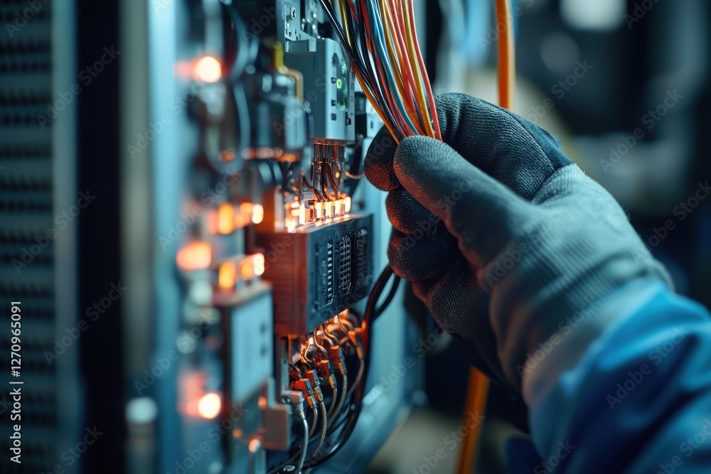Poster a gloved technician expertly managing colorful wiring within a complex electrical panel, ensuring se