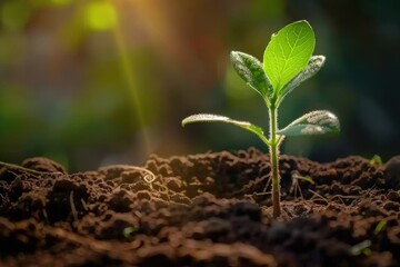 Fresh small tree growing in soil with sunshine background. Perfect concept for environmental protection, Tree Planting Day, personal growth, argricultural production, ecology balance. With copy space.