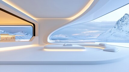 Fototapeta premium AI-powered futuristic home workspace, smart assistant technology, high-tech minimalism with holographic screens