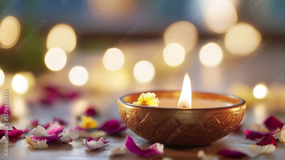 Aufkleber Beautiful Candle Surrounded by Colorful Petals and Soft Glowing Lights in an Ambient Setting : Generative AI