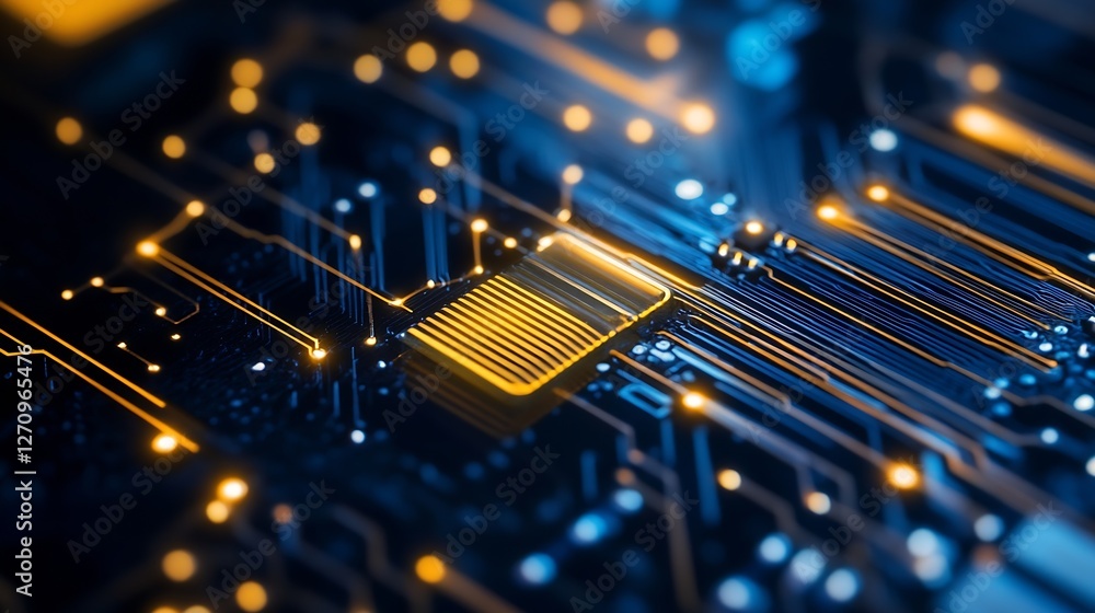 Fototapete Close Up of a Glowing Circuit Board with Bright Lights and Golden Connections in a Digital Environment : Generative AI