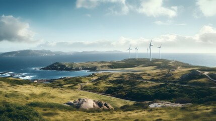 Stunning cinematic aerial view of wind turbines generating clean renewable energy near the picturesque ocean coastline  This serene