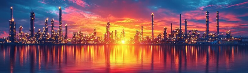 Obraz premium Petrochemical plant gleams in the night with its reflection on the river