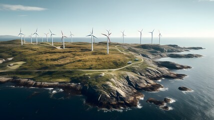 Breathtaking cinematic aerial view showcasing wind turbines generating clean renewable energy against the backdrop of the vast serene ocean