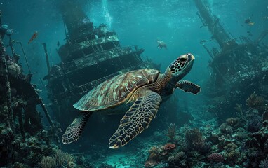 Fototapeta premium A turtle gliding past a shipwreck covered in corals