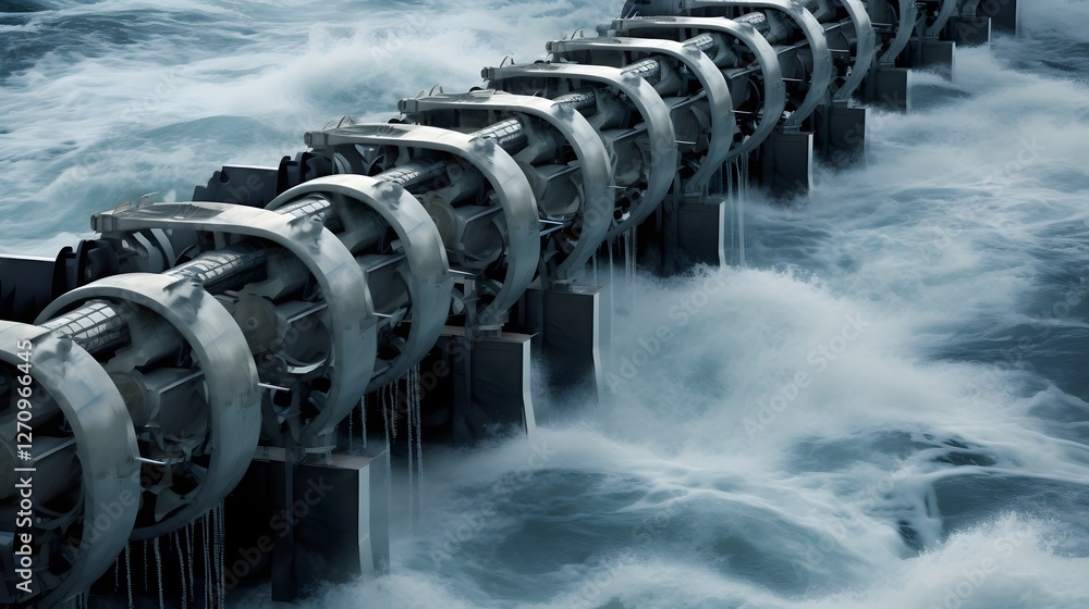 Poster aerial view of a tidal energy farm efficiently harnessing the power of ocean currents to generate re