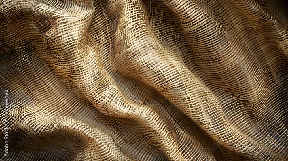 Poster close-up of textured golden fabric draping elegantly, showcasing intricate patterns and folds