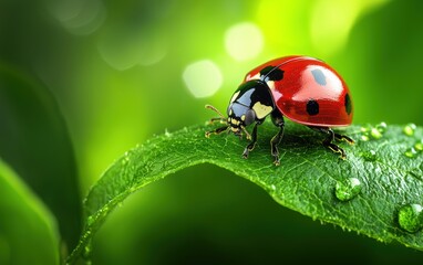 Obraz premium A vibrant ladybug crawling on a fresh green leaf