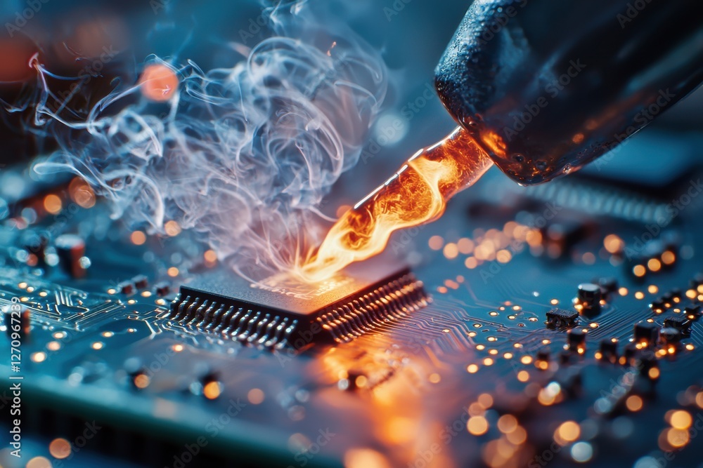 Poster detailed view of soldering iron repairing electronic component on a circuit board, emphasizing techn