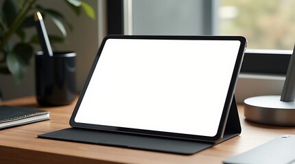 Blank Screen Tablet Mockup on Wooden Desk