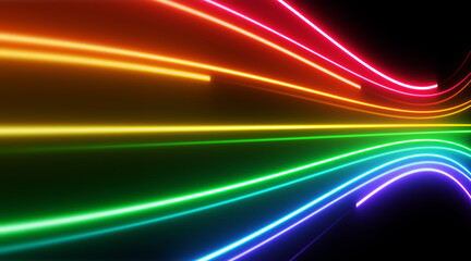 Rainbow colored neon lines flowing on black background
