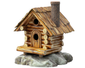 Rustic log cabin birdhouse with wooden texture and chimney, perfect for woodland themes. Ideal for garden decor and attracting birds