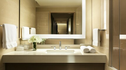 Fototapeta premium A modern bathroom with a sleek sink, backlit mirror, and soft neutral tones, offering a sophisticated look