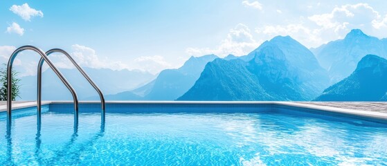 Crystal-clear infinity pool overlooking an epic mountain view, luxurious travel retreat, peaceful relaxation vibes