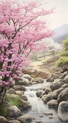 Fototapeta premium Illustration of a cherry blossom in Japan landscape wilderness outdoors.