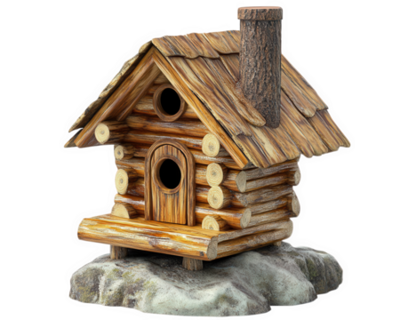 Rustic log cabin birdhouse with wooden texture and chimney, perfect for woodland themes. Ideal for garden decor and attracting birds