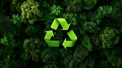 A green recycling symbol is surrounded by a lush canopy of trees and foliage, emphasizing environmental conservation. Concept Recycling Symbol, Environmental Conservation, Lush Foliage