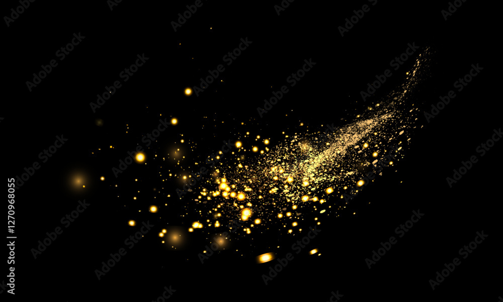 Poster magic bright golden cloud of sparkling bokeh highlights. small, bright particles of sparkling bokeh 