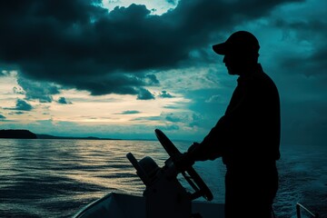 Silhouette of captain steering boat